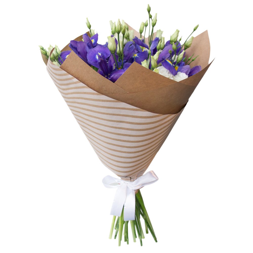 Изысканный букет из синих ирисов и белых эустом – гармония утонченности Новокузнецк Кемеровская область